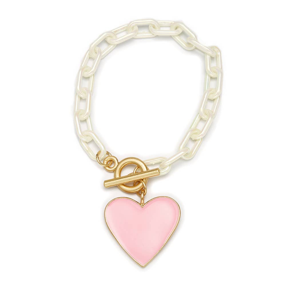Kids Pink Heart Charm with Pearly White Link Chain Bracelet