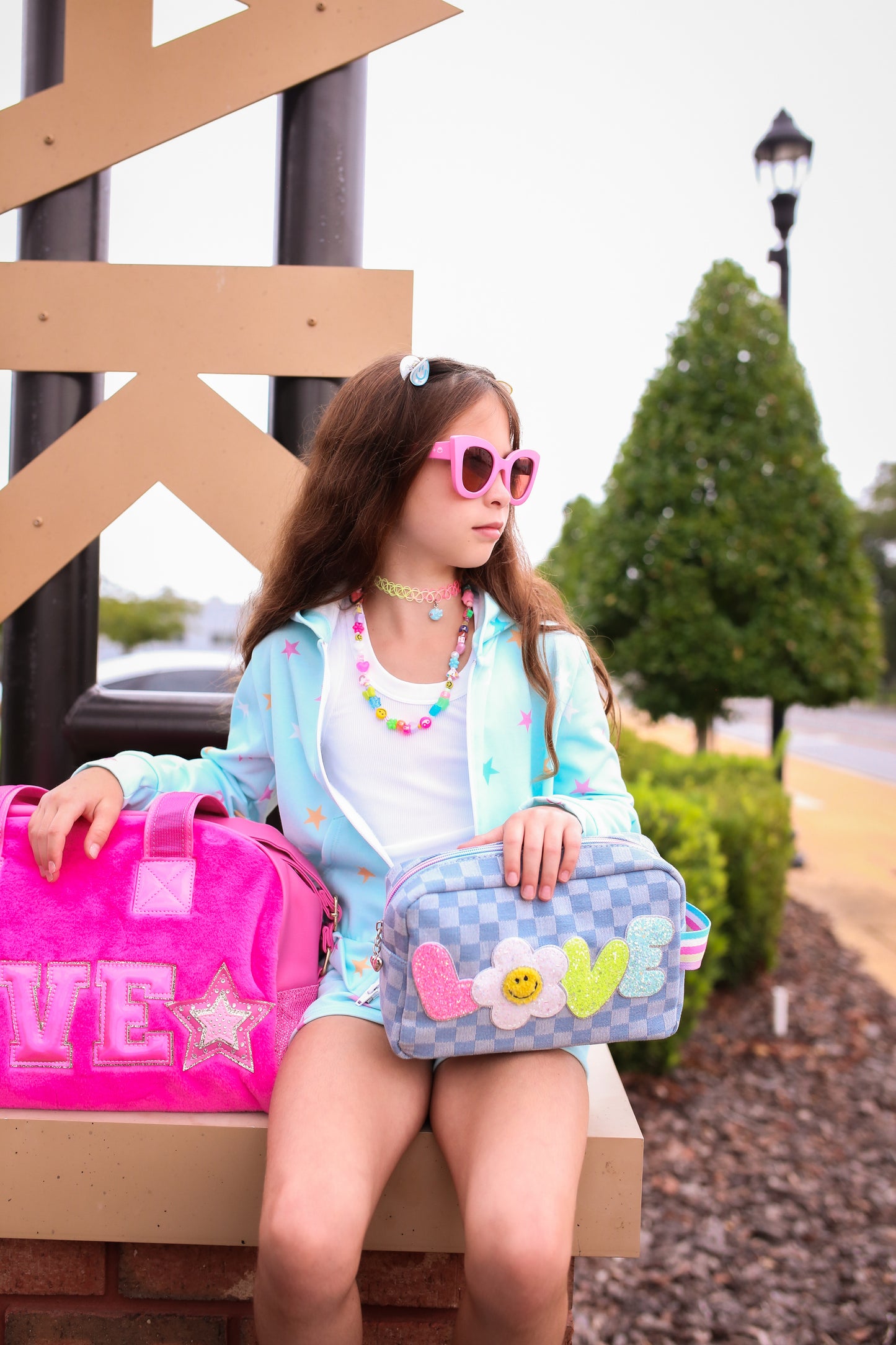 'Love' Denim Checkered Daisy Pouch
