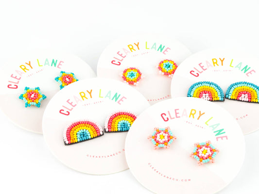 Beaded Heart Stud Earrings | Pink Rainbow