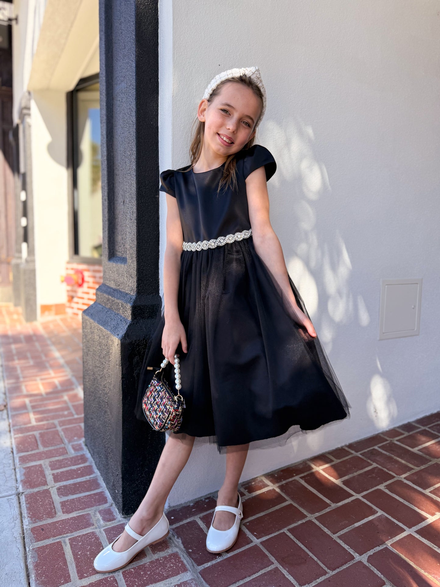 Capped Sleeve Satin Dress with Rhinestone Trim