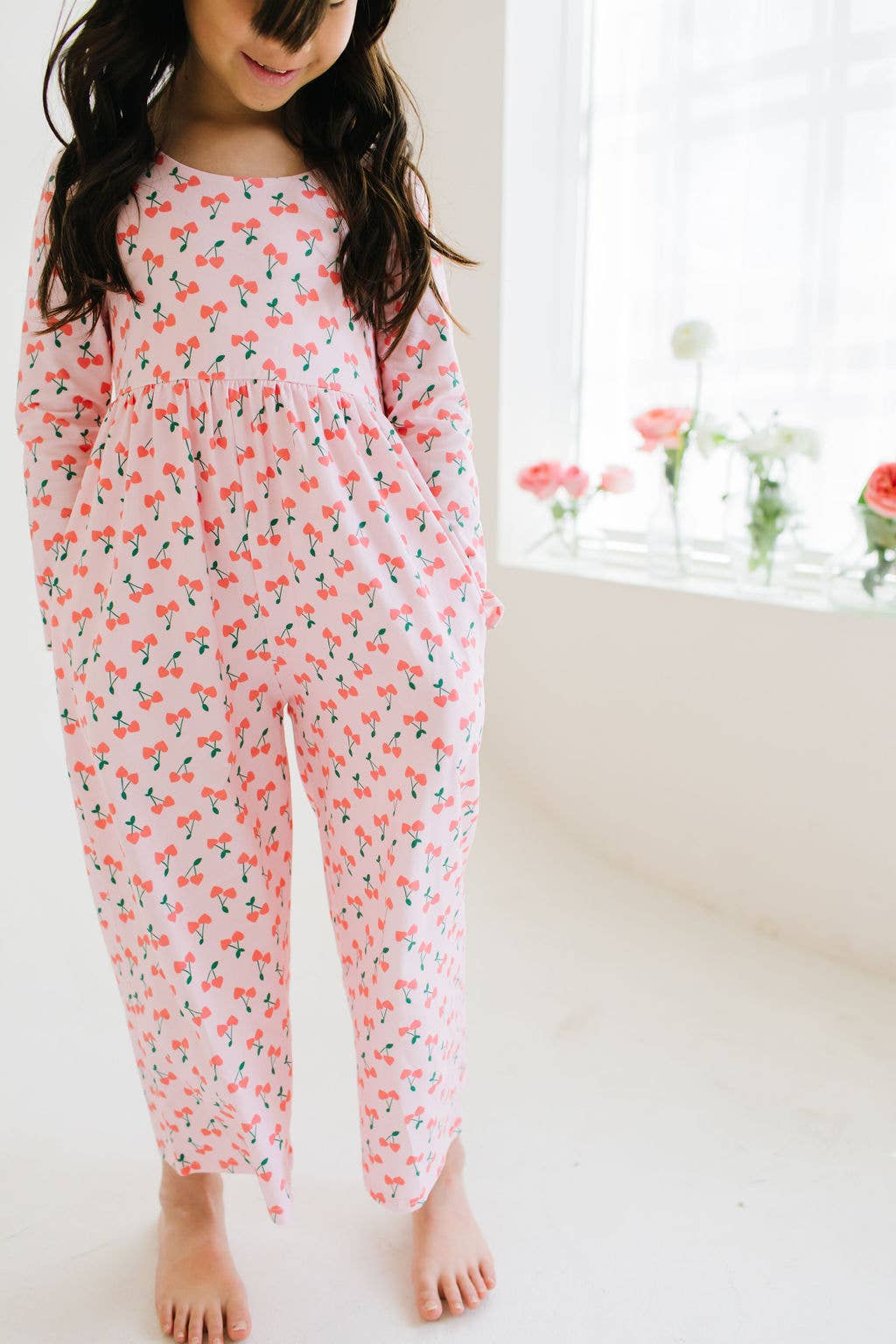 Long Sleeve Pant Romper in Cherries | girls Clothing