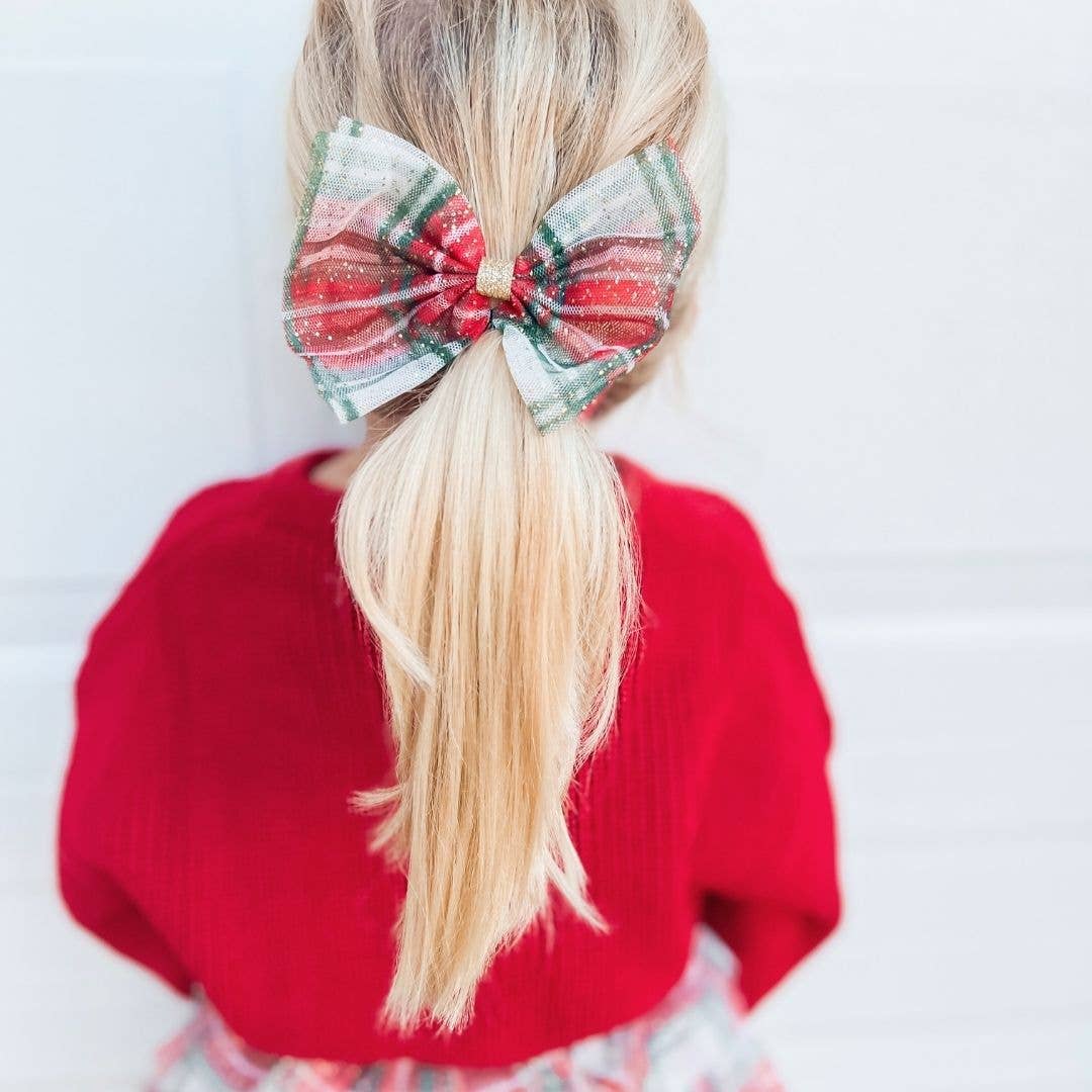 Christmas Plaid Tulle Bow Clip - Kids Holiday Hair Clip