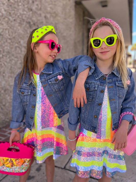 MULTI COLOR SEQUIN DRESS WITH SIDE TAPE TRIM