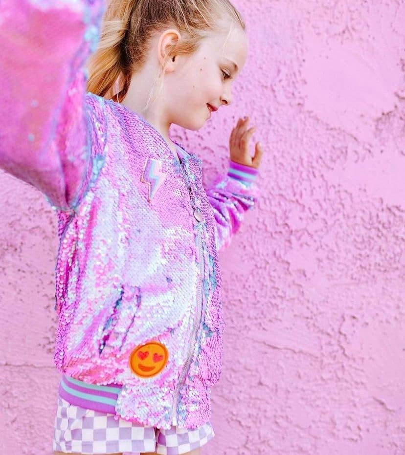 Girls Purple Iridescent Patched Sequins Bomber Jacket