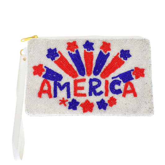 "America" & Fireworks Patriotic Bead Coin Purse w/ Wristlet