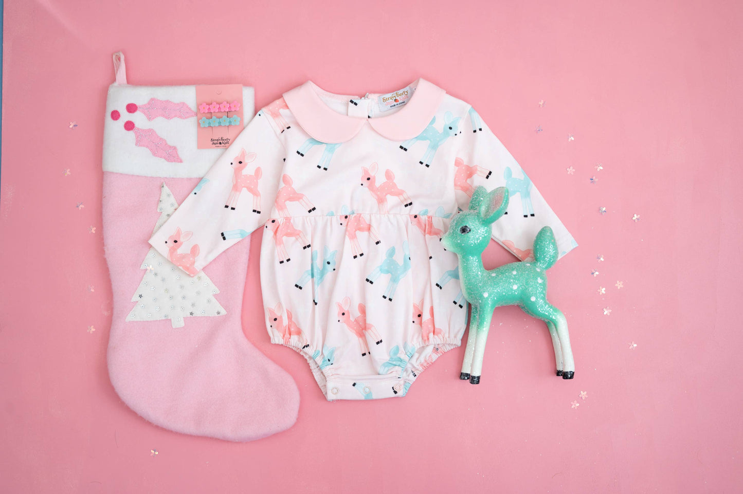 Retro Pink Reindeer Girls Christmas Romper Vintage Style