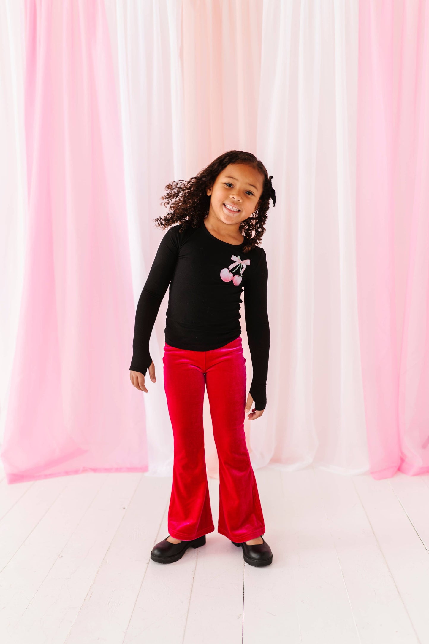 Mini Bow Cherries | Black Bamboo Long Sleevee