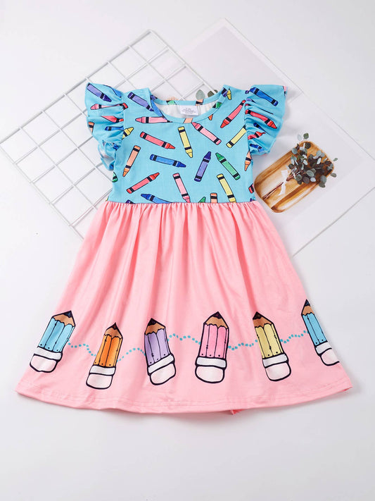 Girls Colorful Crayon Ruffle Flare Dress for back to school