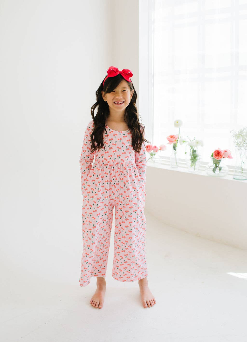 Long Sleeve Pant Romper in Cherries | girls Clothing