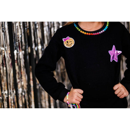 Girls Patched Black Crewneck with Gems