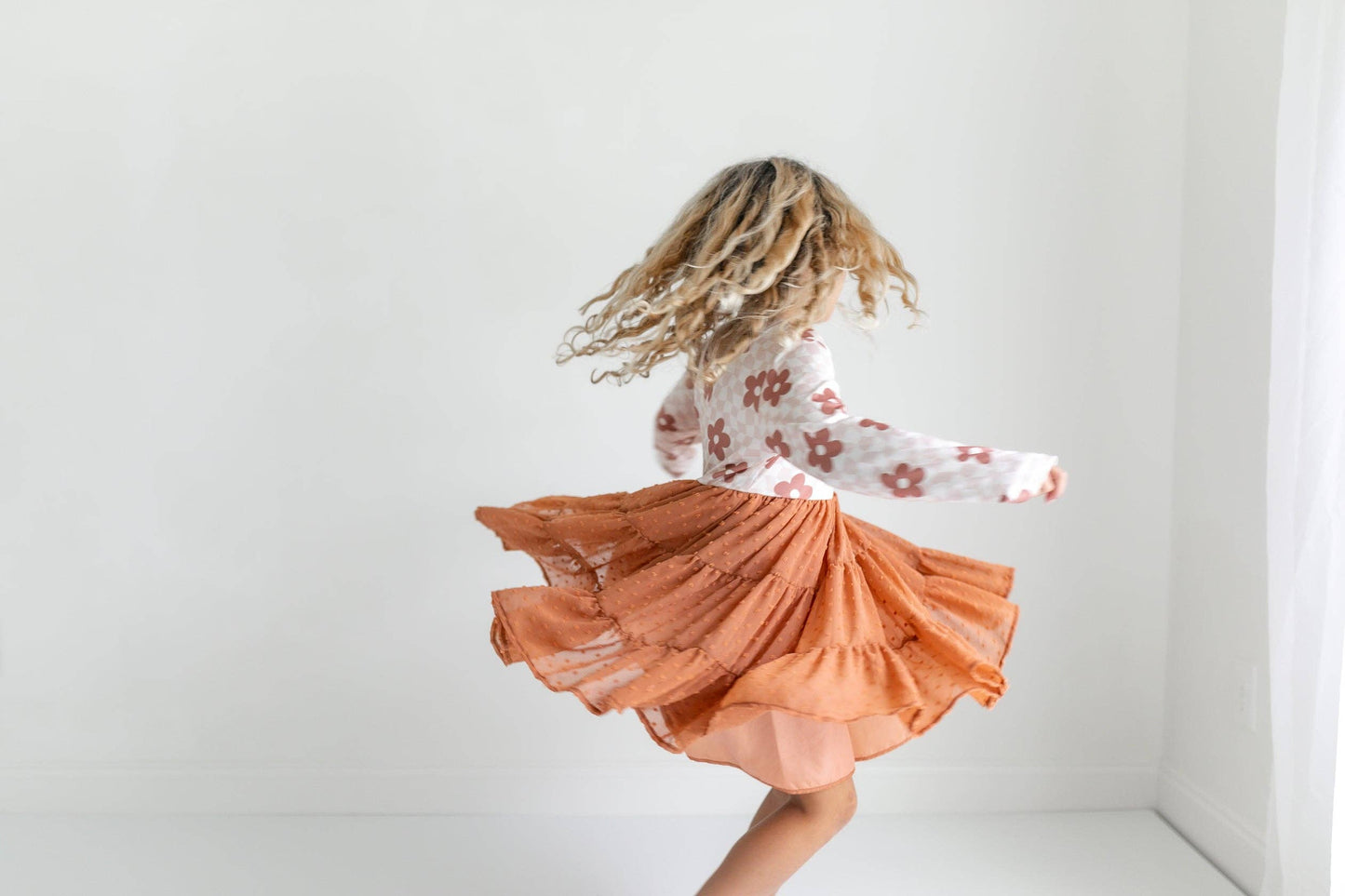 Kids Taupe Flower Check Print Swiss Dot Tulle Fall Dress