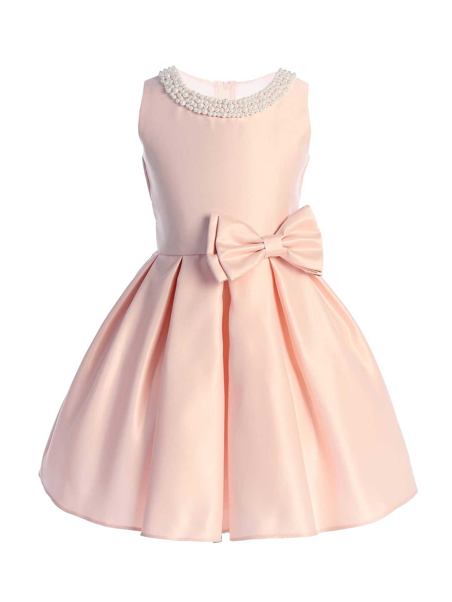 Satin dress with pleated skirt & pearl neck