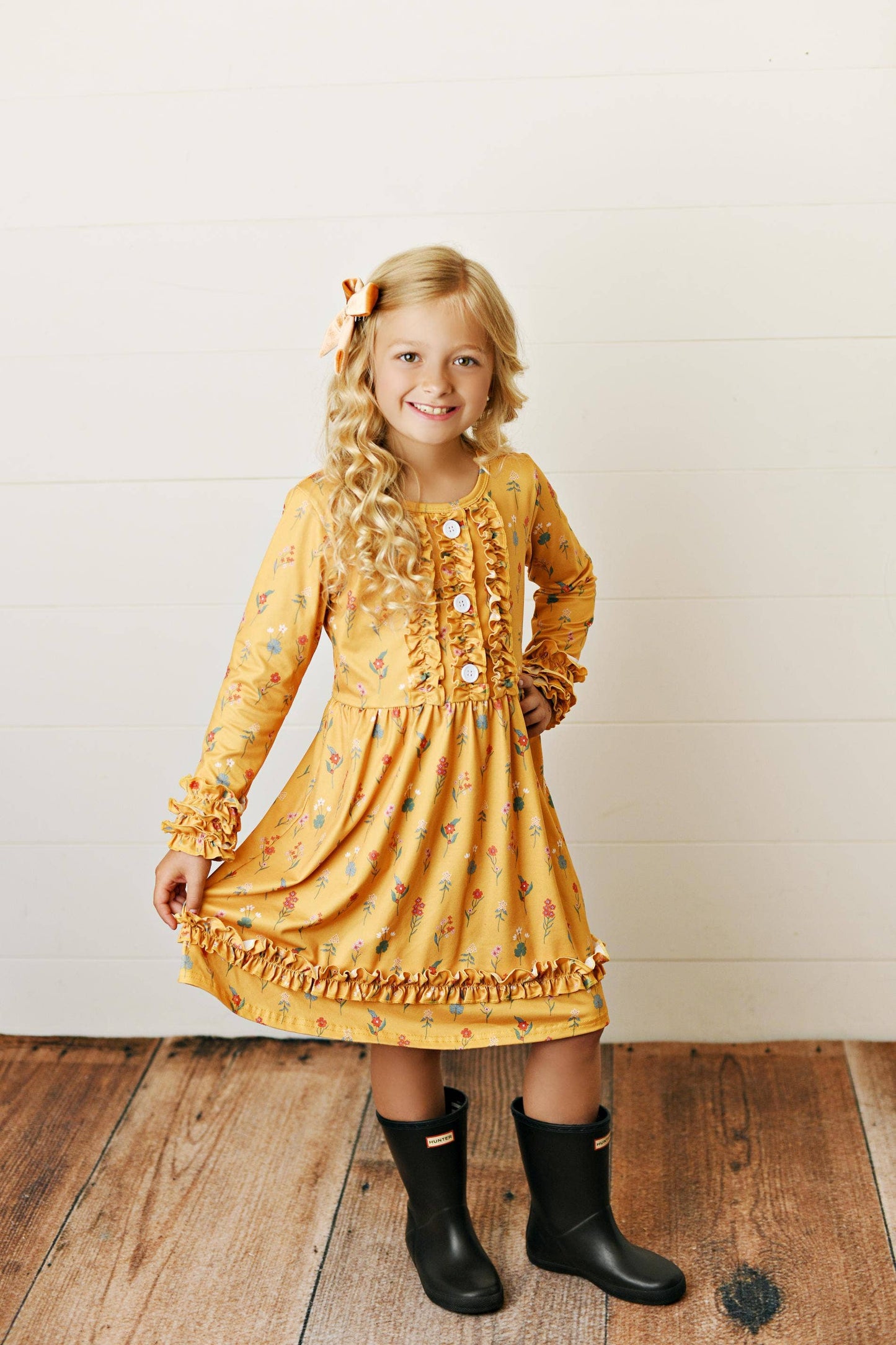 Kids Long Sleeve Mustard Botanical Ruffle Button Fall Dress
