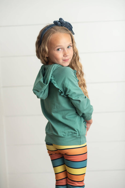 Kids Sage Ruffle Hoodie and Rainbow Stripe Leggings Fall Set