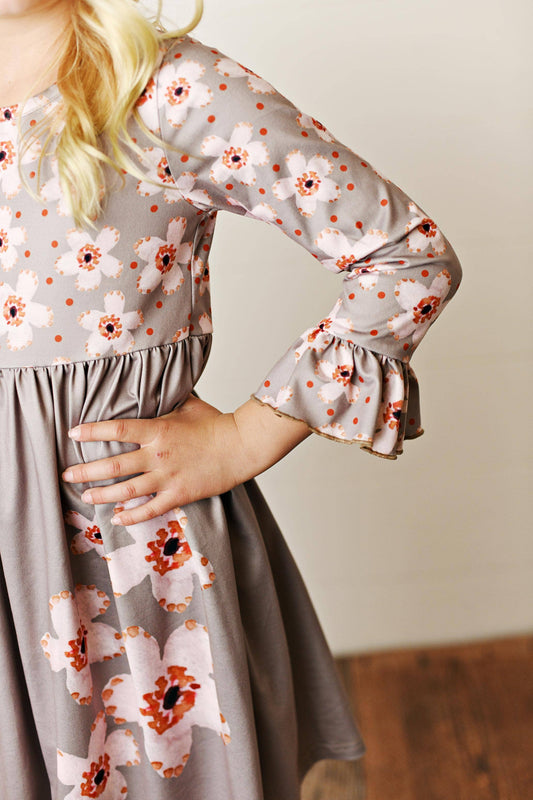 Kids Claire Beige Flower Print Twirl Fall Winter Dress