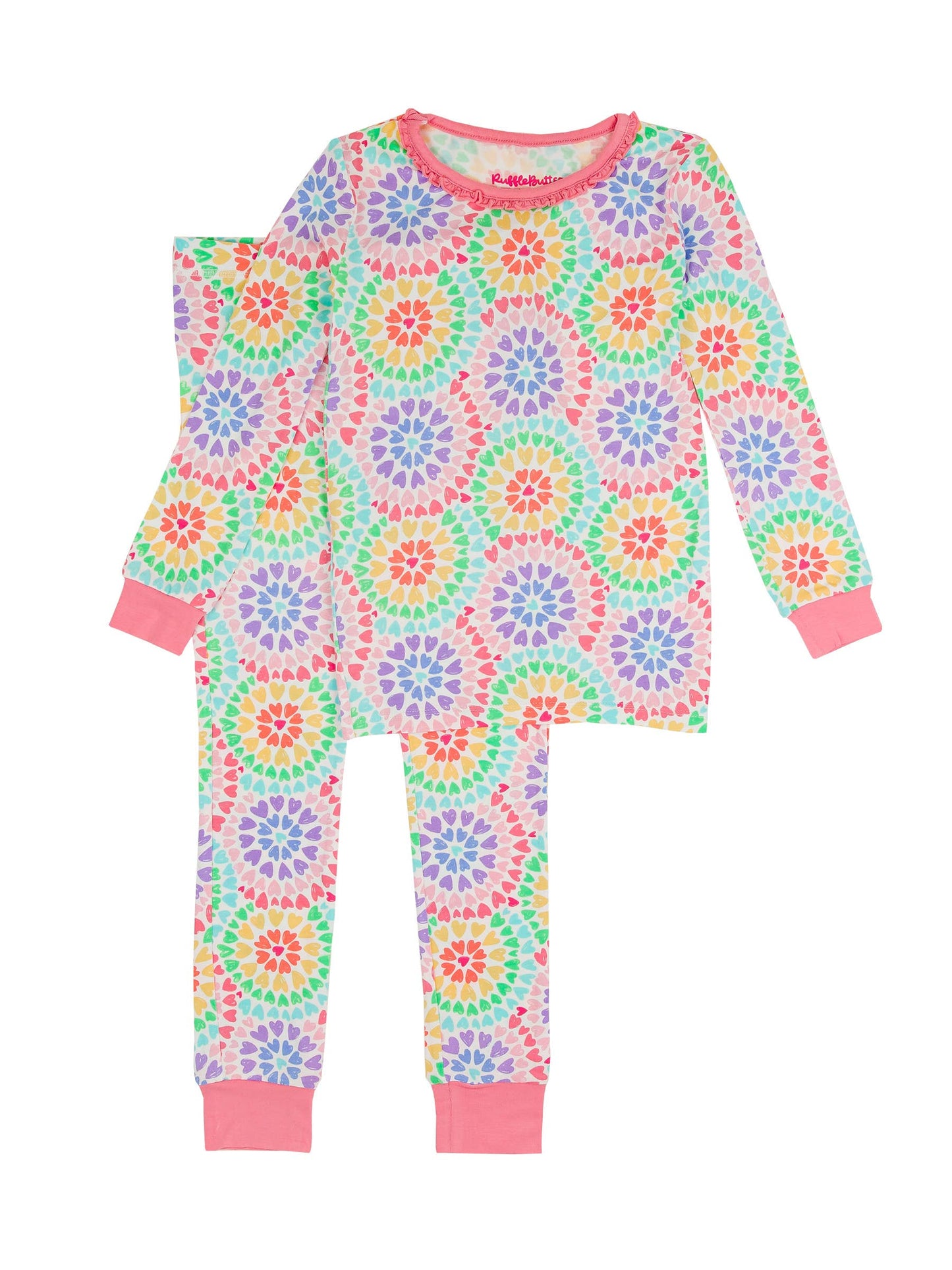 Toddler Girls Rainbow Kaleidoscope Hearts Bamboo Viscose Ruffle Long Sleeve Pajama Set
