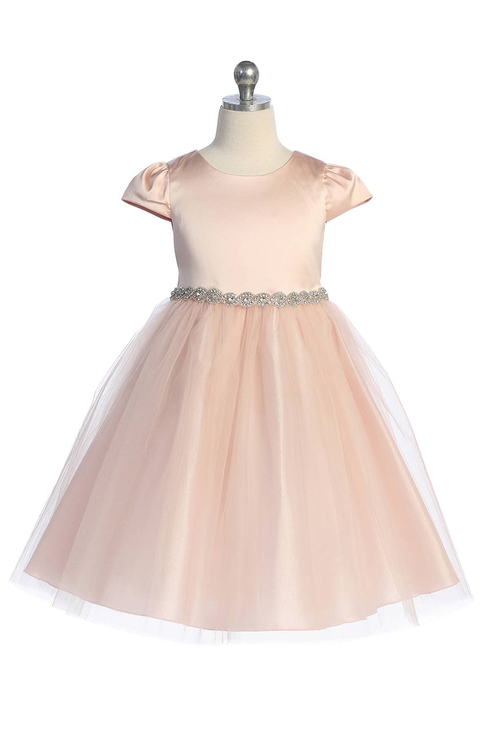 Capped Sleeve Satin Dress with Rhinestone Trim