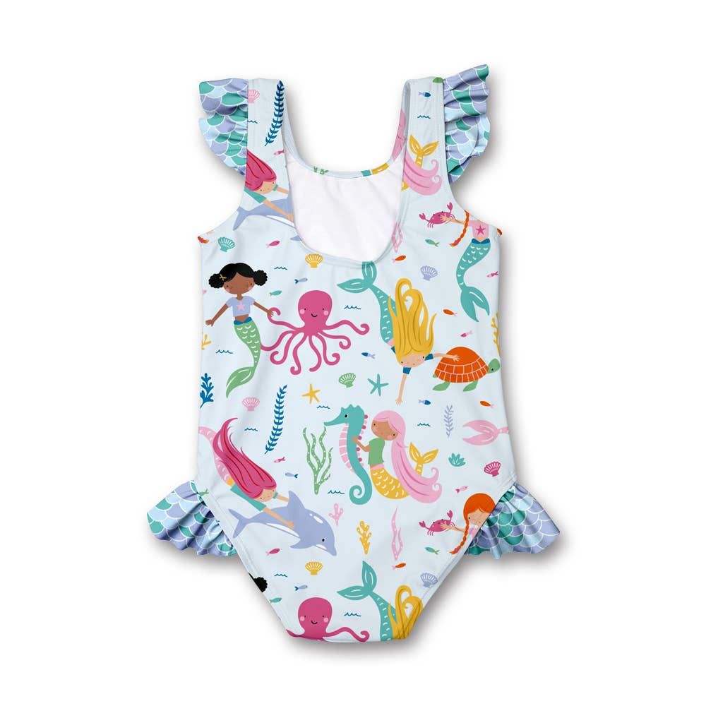Ice Blue Mermaid Ruffle-Accent One-Piece