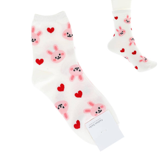 Hearts & Bunnies Pattern White Cotton Knit Socks