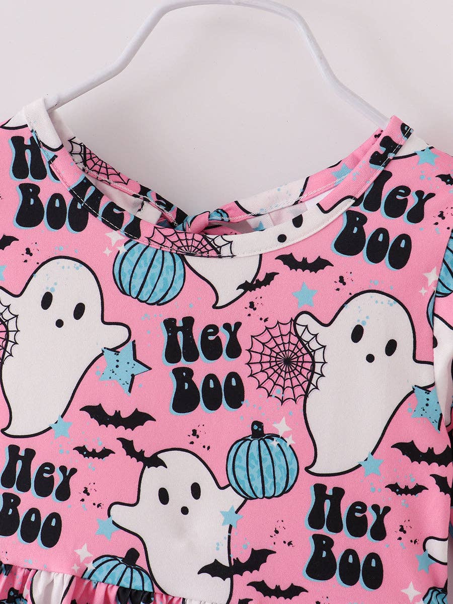 Halloween Pink Hey Boo Ghose Print Girl Twirl Dress