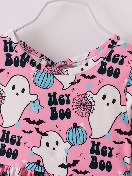 Halloween Pink Boo Ghost Print Girl Twirl Dress