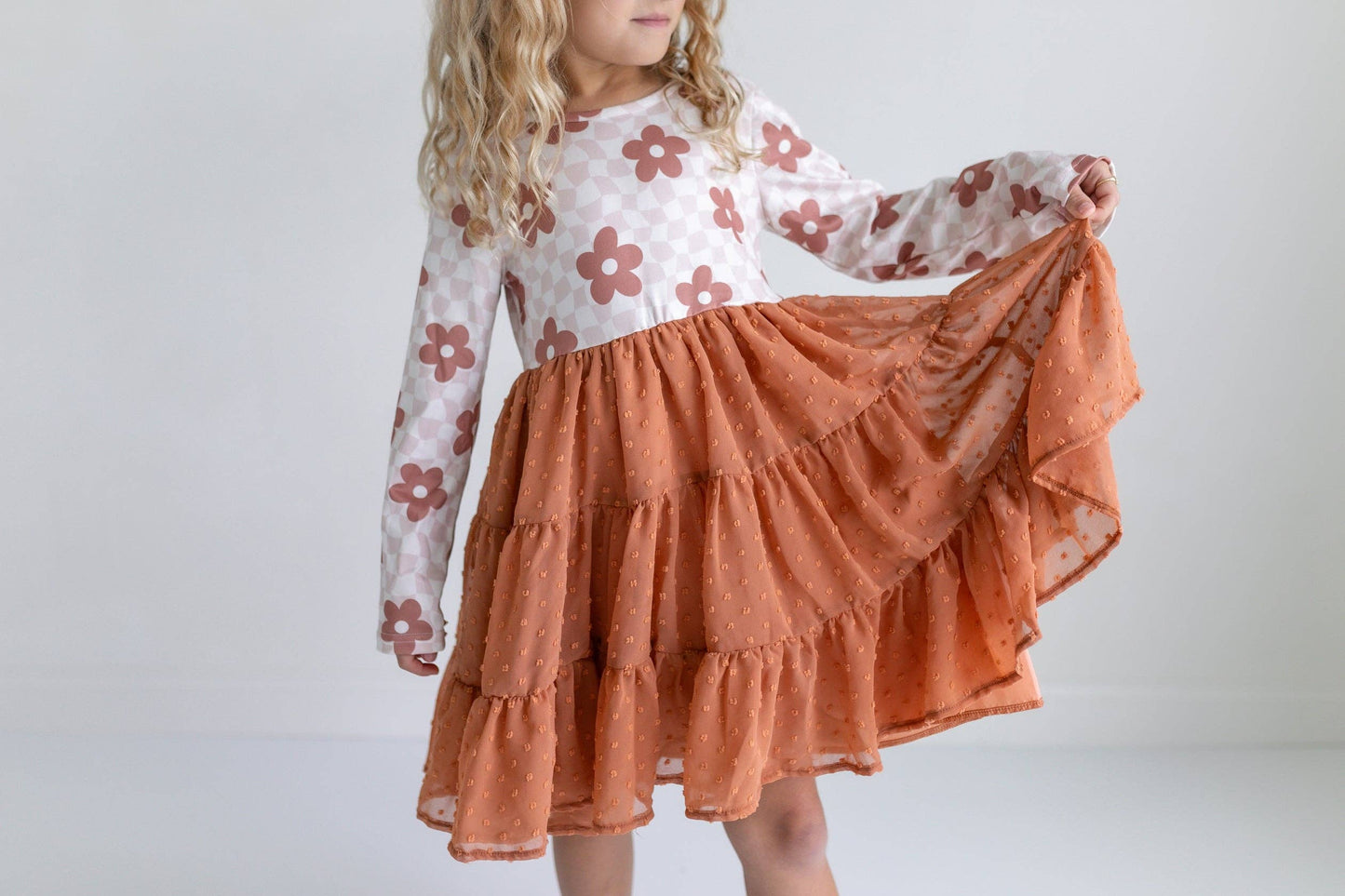 Kids Taupe Flower Check Print Swiss Dot Tulle Fall Dress