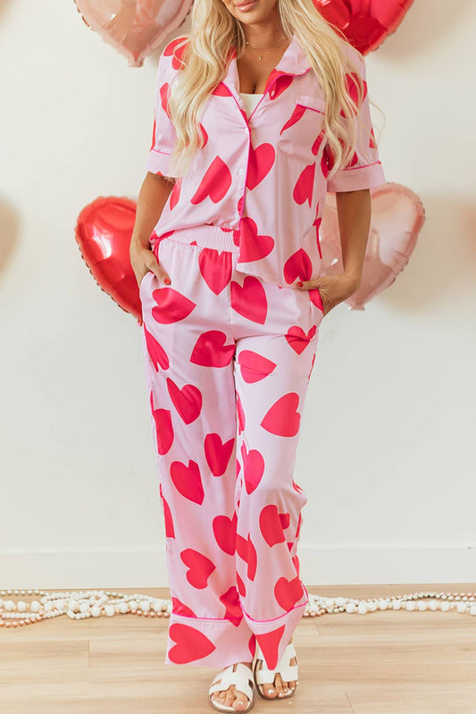 Classic Heart Valentines Short Sleeve Pants Pajamas Set