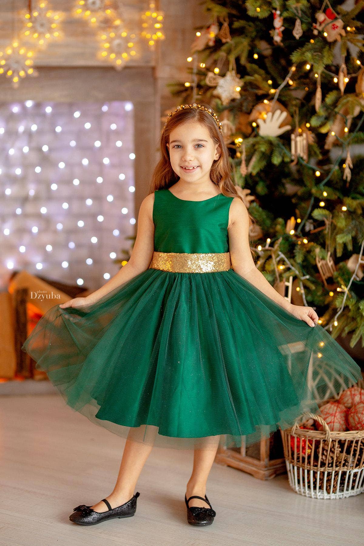 Gold Sequins V Back & Bow Girls Dress