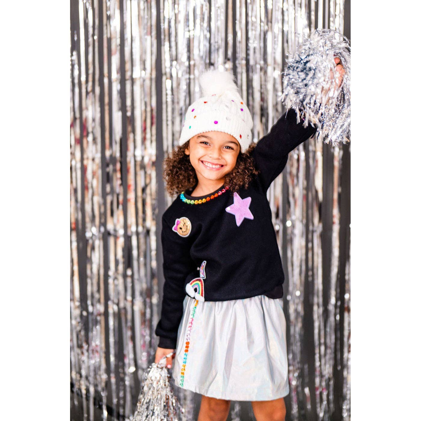 Girls Patched Black Crewneck with Gems