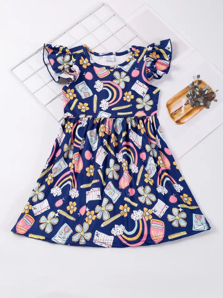 Back to School Apple pencil rainbow ruffle flutter Dress