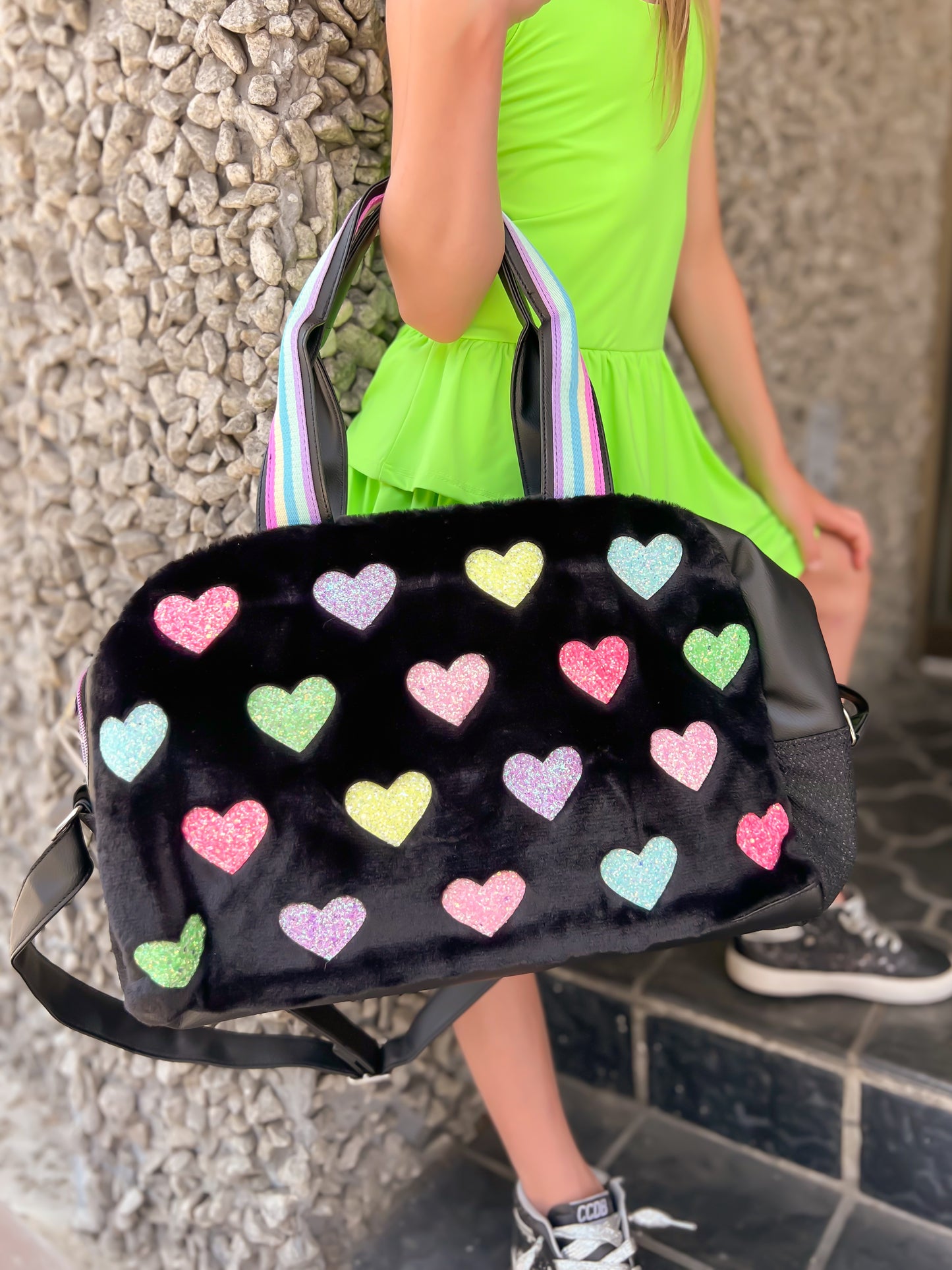 Glitter Heart-Patched Plush Black Medium Duffle Bag