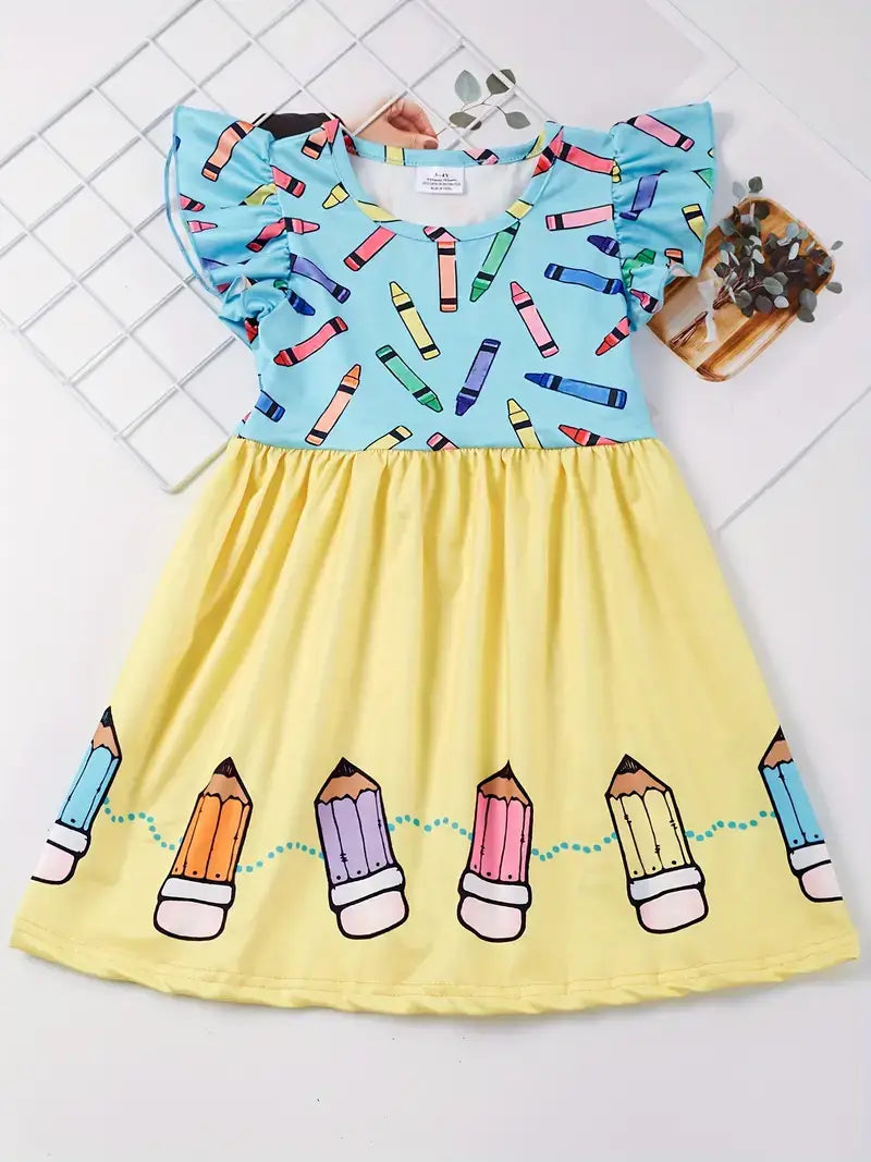 Girls Colorful Crayon Ruffle Flare Dress for back to school