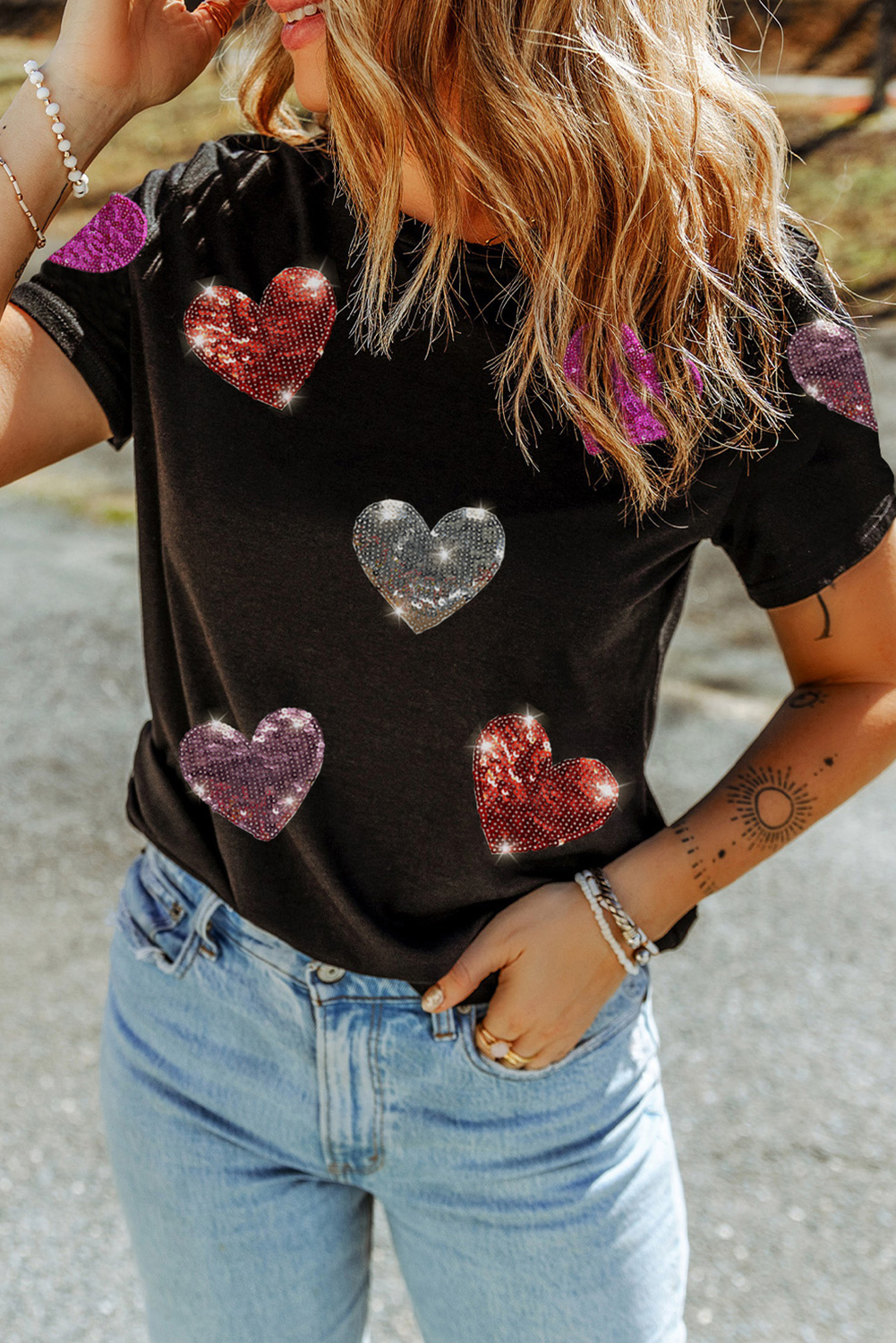 LDC Sequin Heart Patched Pattern Crewneck Valentines Tee