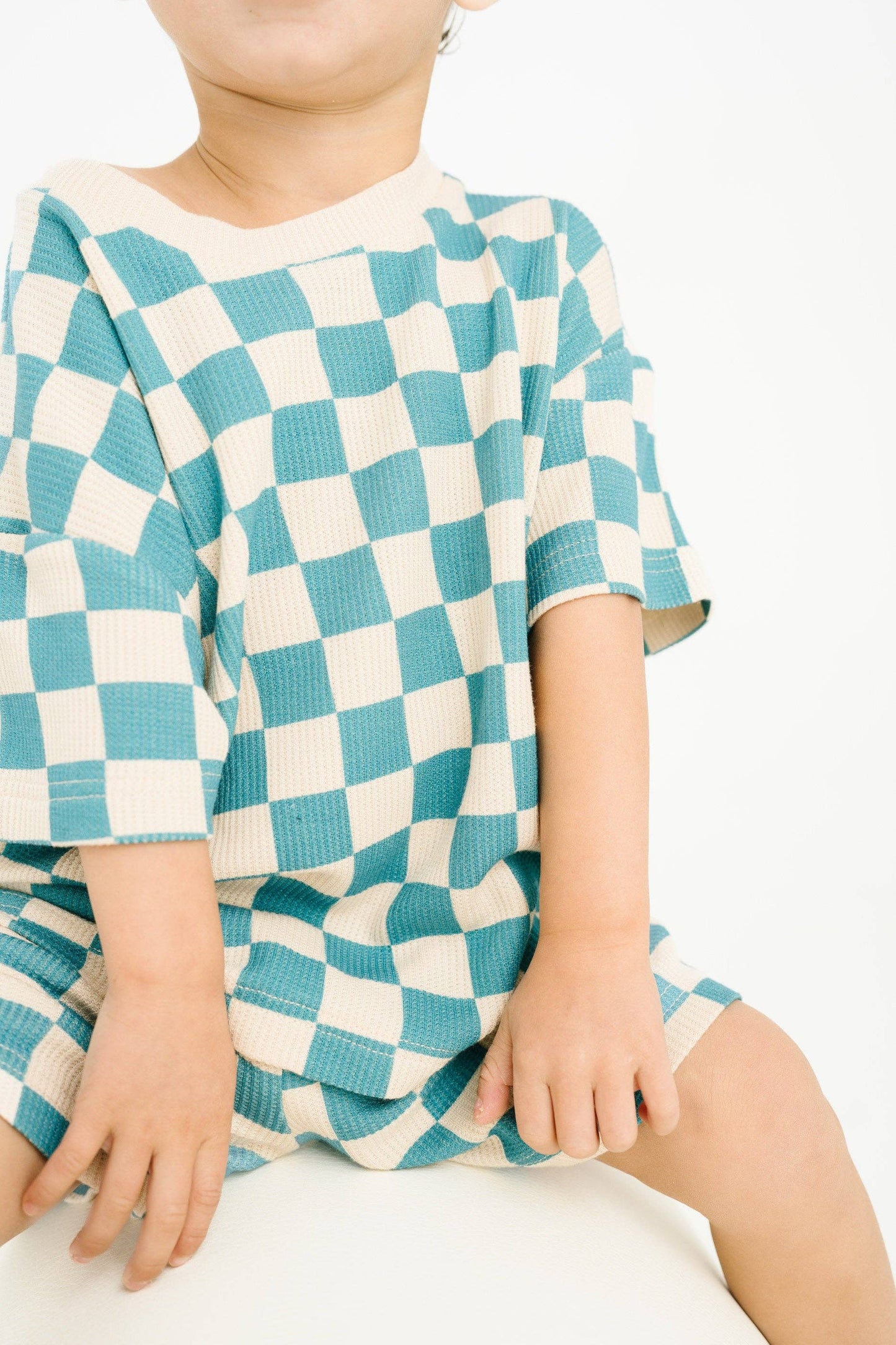 Blue Checkered Waffle Bamboo Shorts Set