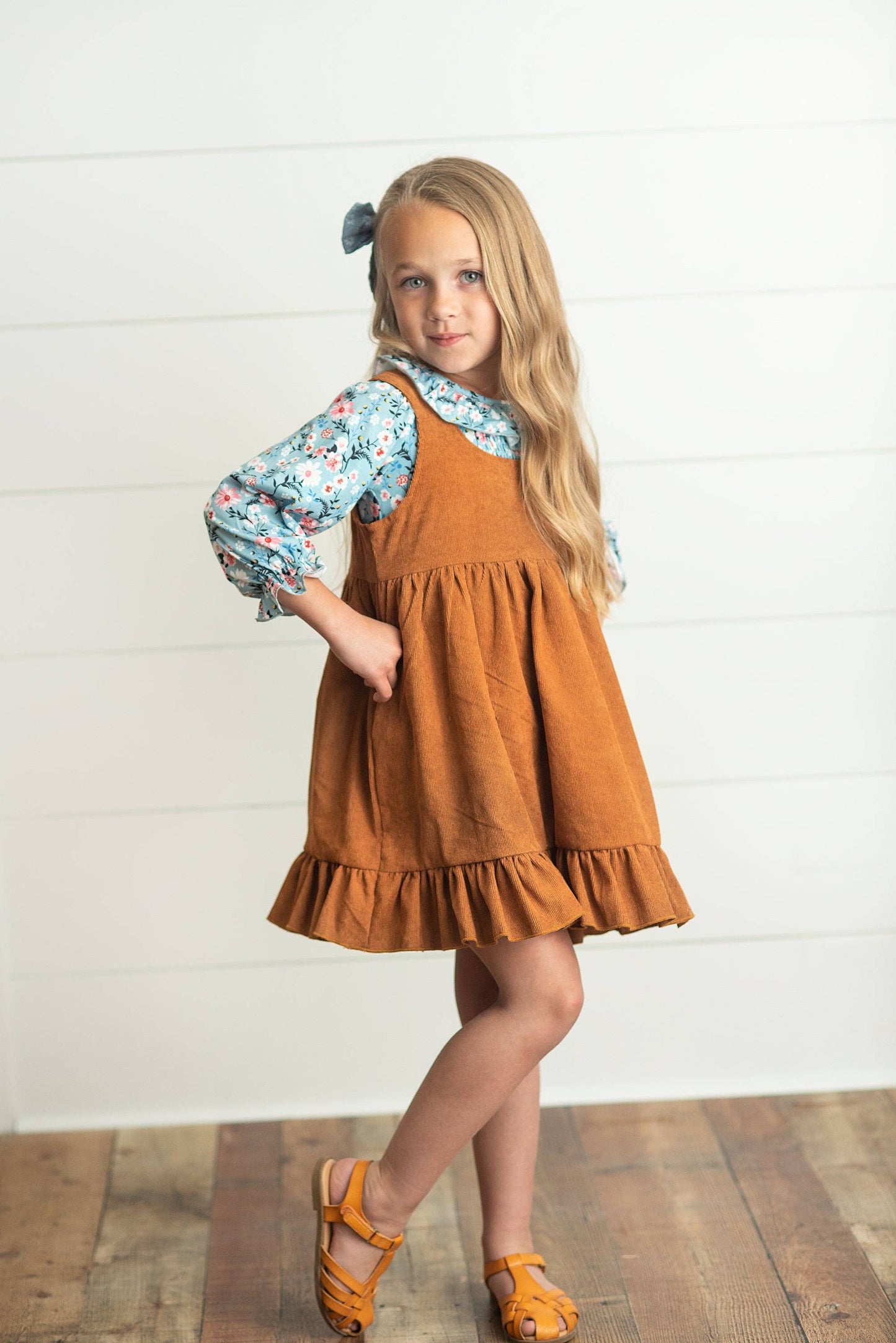 Kids Blue Floral Smocked Top & Caramel Corduroy Jumper Set