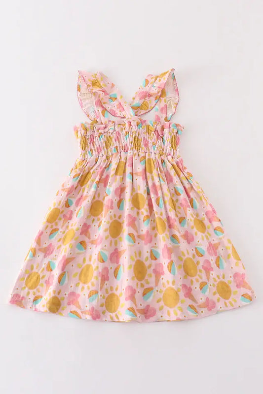 Premium Pink muslin sun ice cream smocked ruffle dress