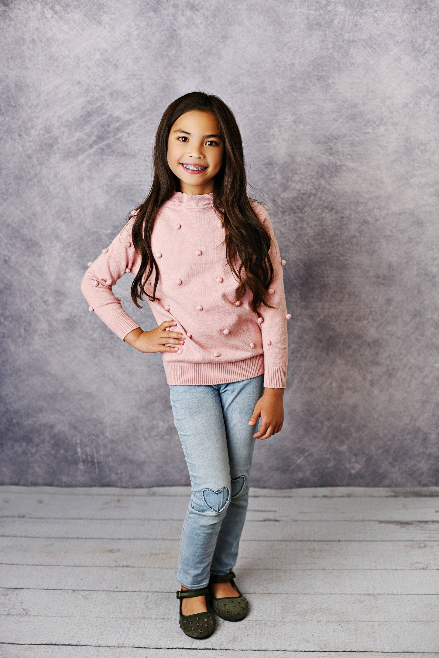 Kids Pink Pom Pom Fall Winter Crew Neck Sweater