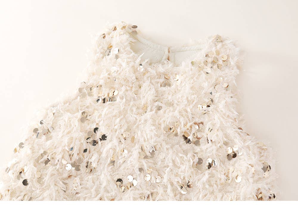Girl’s Sequin Beige Feather Party Dress