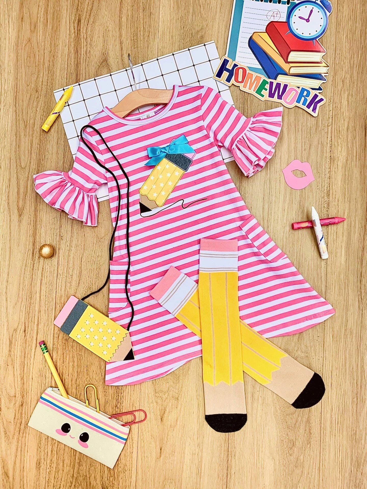 Striped Ruffle Sleeve Dress w/ Polka Dot Pencil Applique