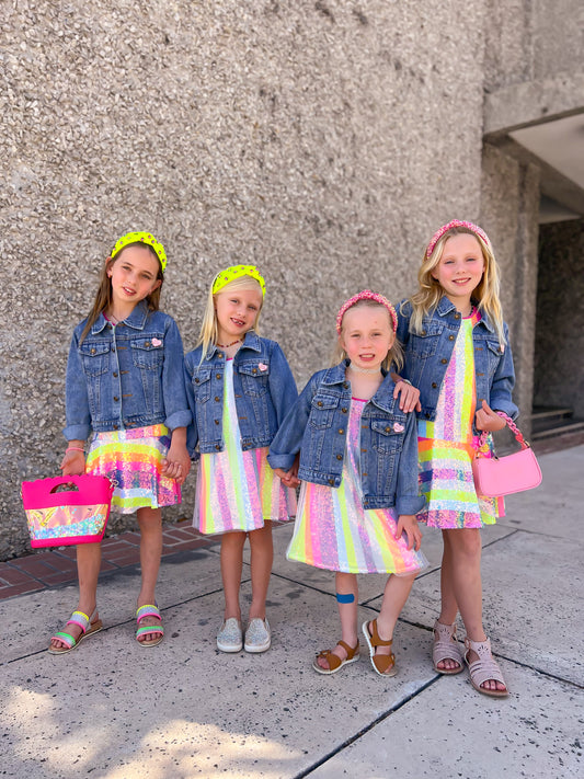 A-LINE STRIPED SEQUIN DRESS W/ MESH OVERLAY