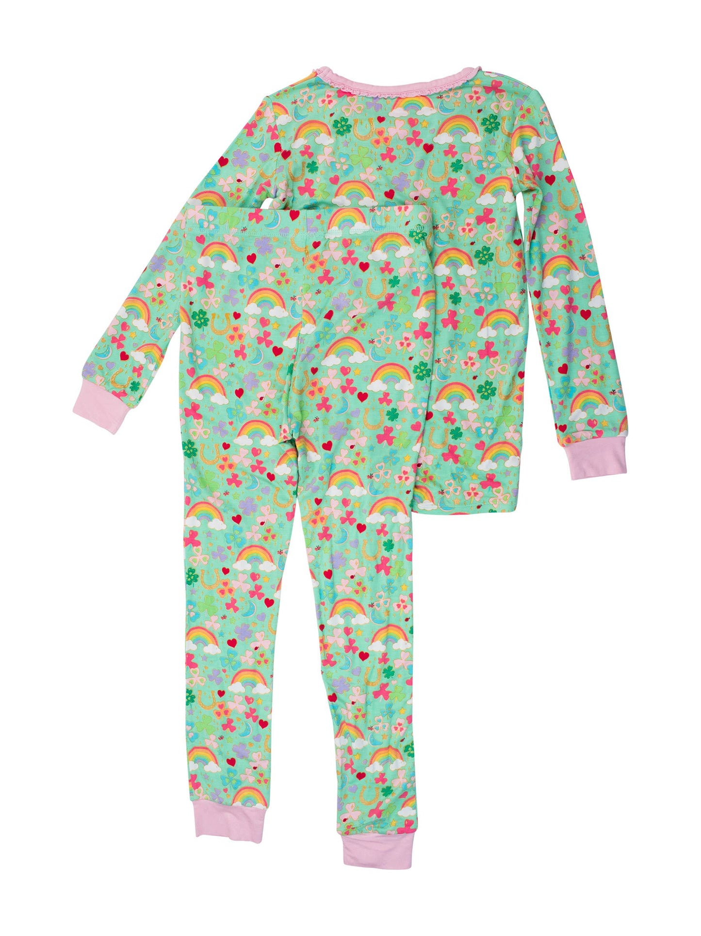 Girls Green Lucky Day Bamboo Viscose Ruffle Long Sleeve Pajama Set