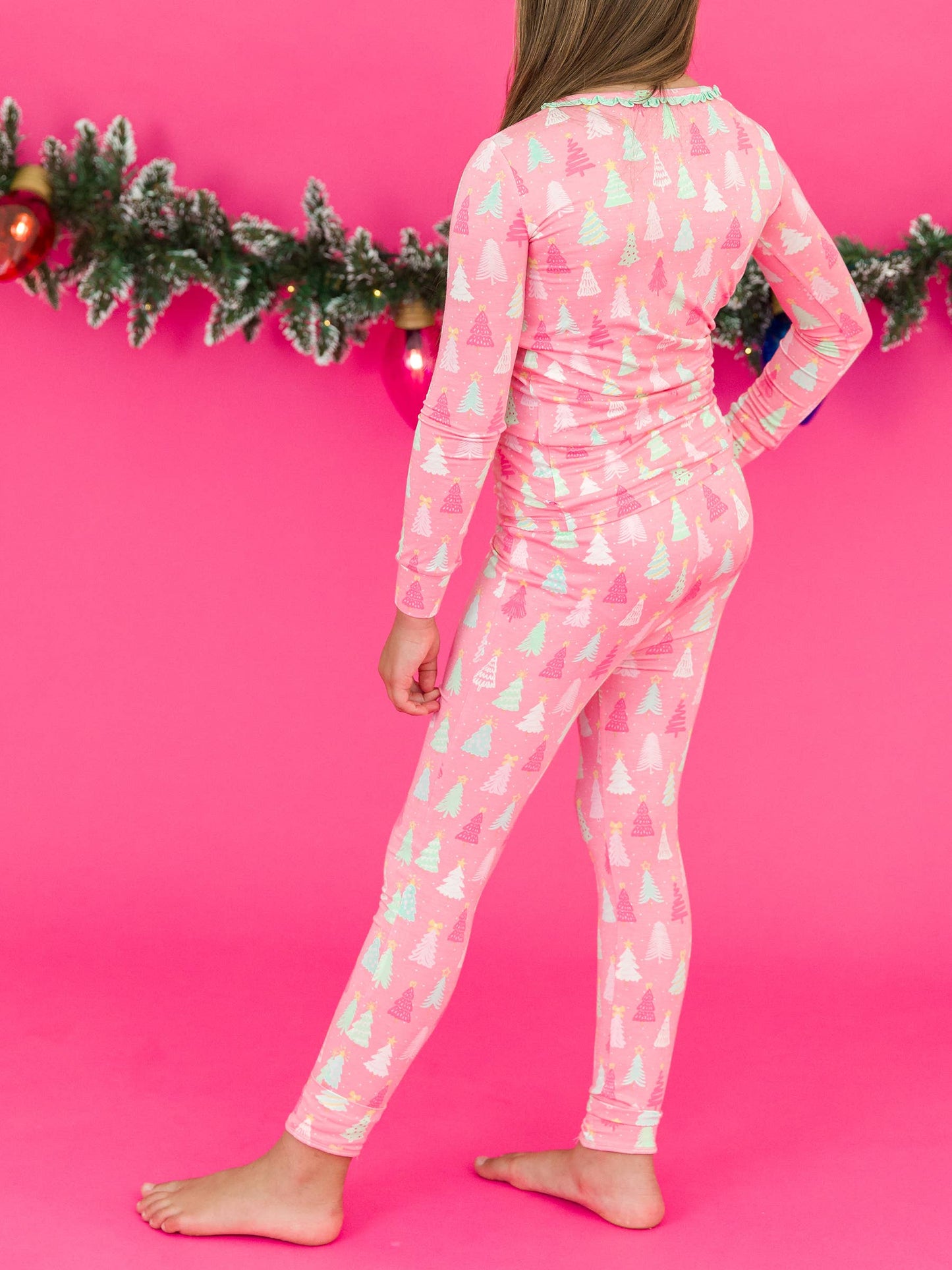 Girls Merry Pink Pines Bamboo Viscose Ruffle Long Sleeve Pajama Set