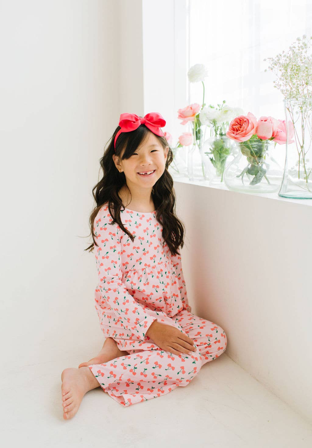 Long Sleeve Pant Romper in Cherries | girls Clothing