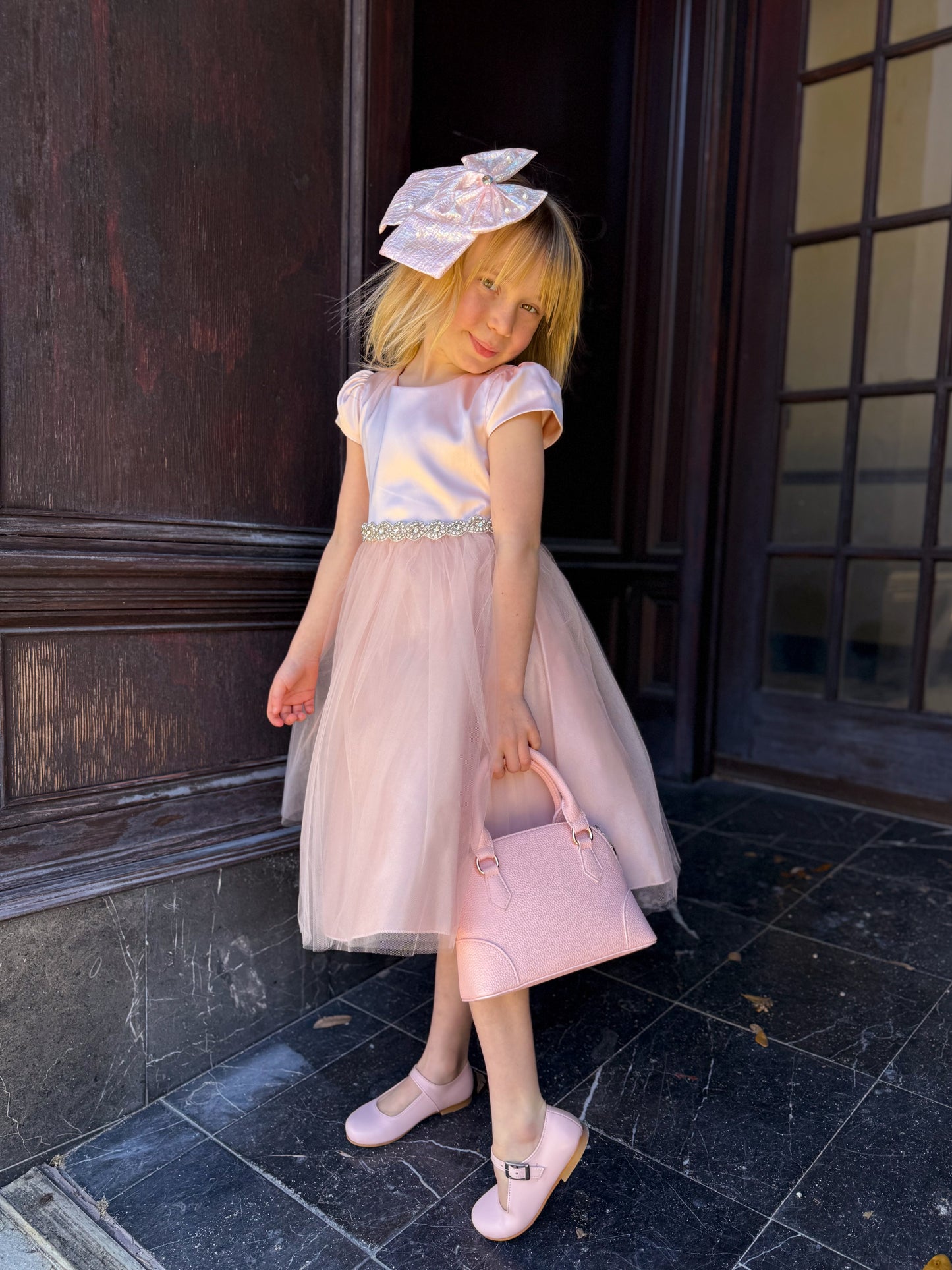 Capped Sleeve Satin Dress with Rhinestone Trim
