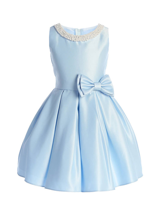 Satin dress with pleated skirt & pearl neck