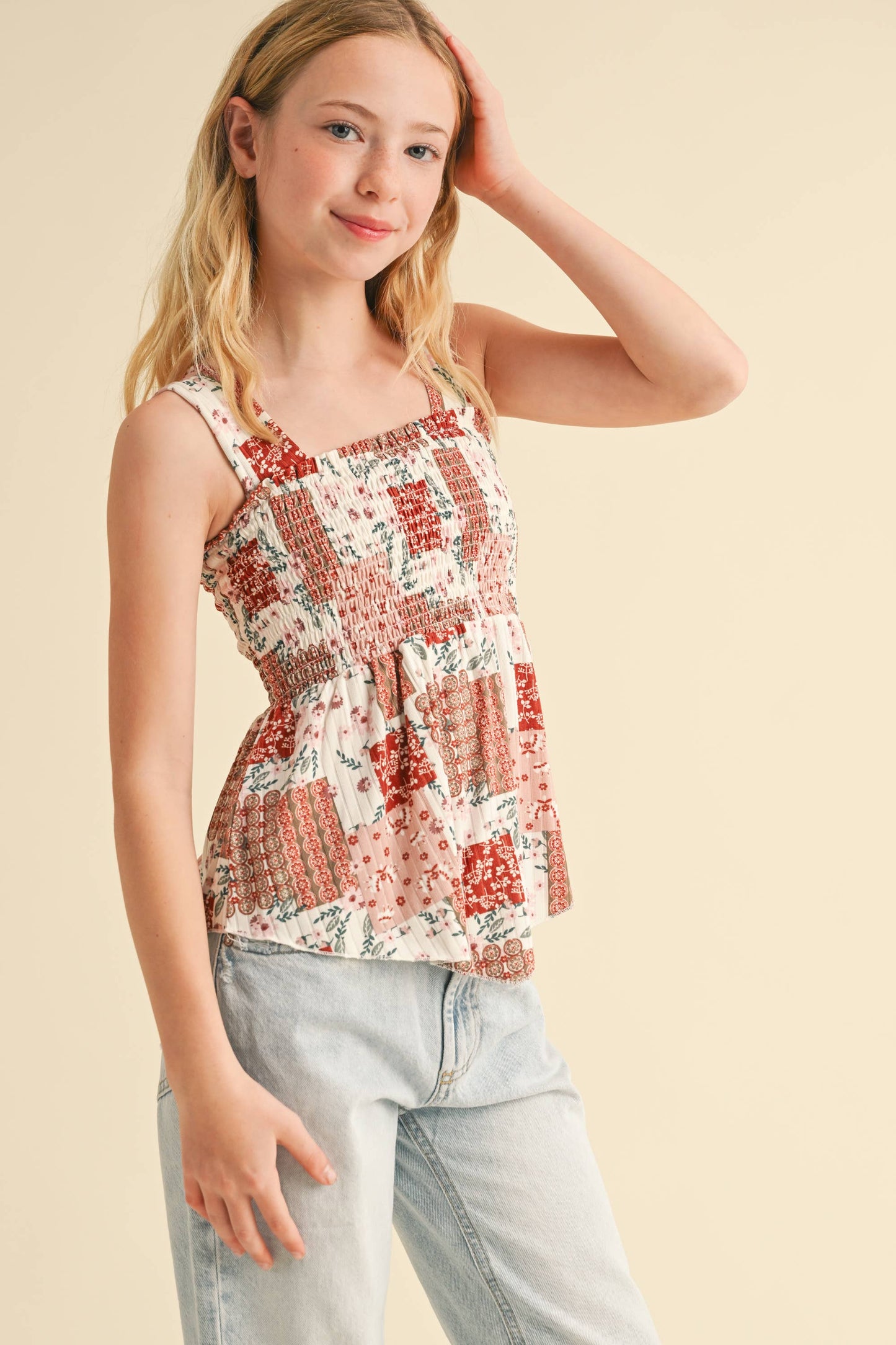 TWEEN GIRLS KIDS WIDE STRAP PEPLUM TANK WITH SMOCKED (XS-XL)