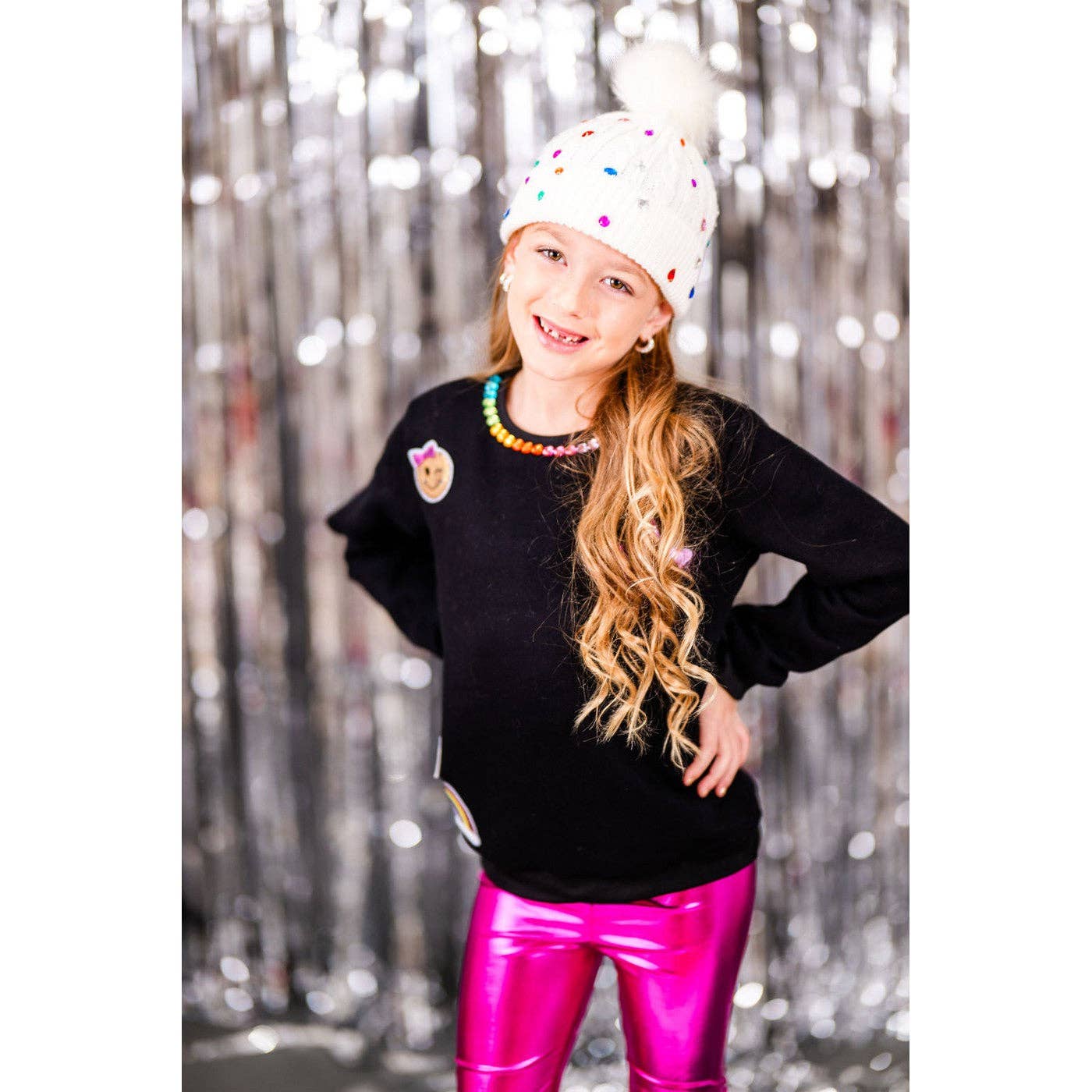 Girls Patched Black Crewneck with Gems