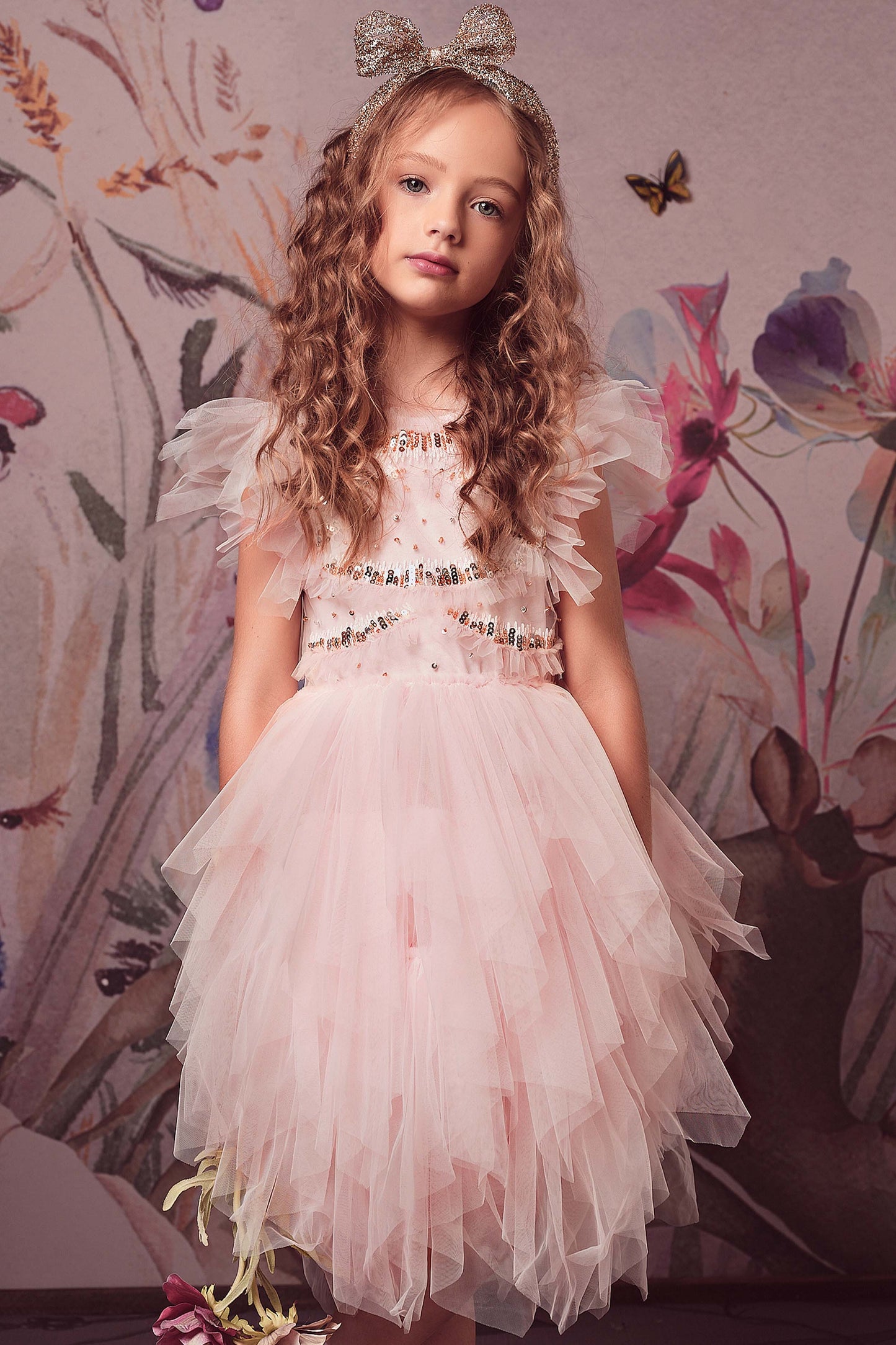 Delightful Flutter Sleeve Tulle Dress in Blush