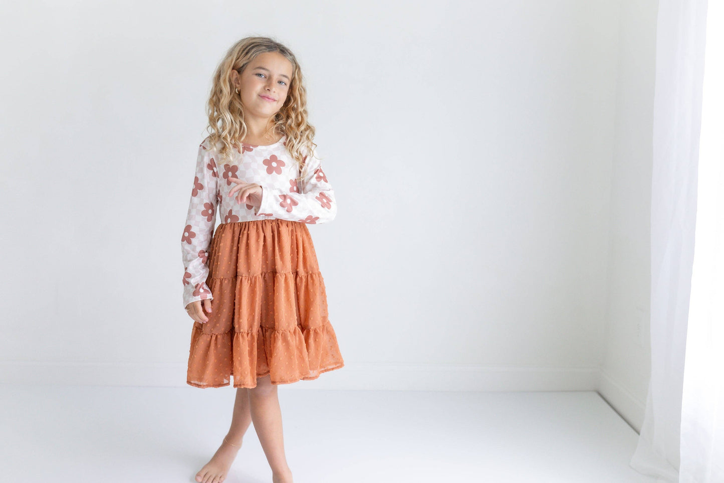 Kids Taupe Flower Check Print Swiss Dot Tulle Fall Dress