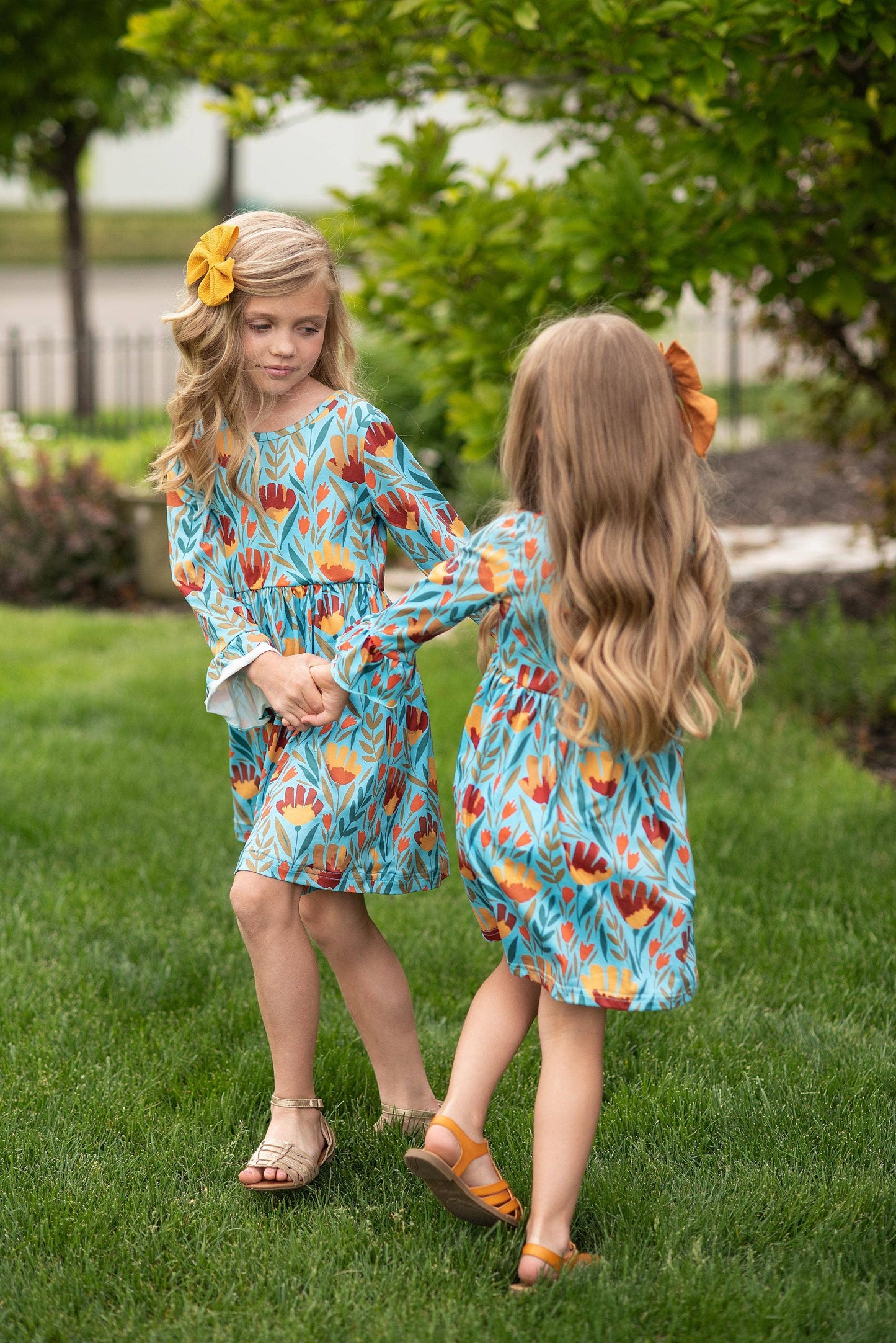 Kids Claire Mustard Teal Floral Print Fall Twirl Dress